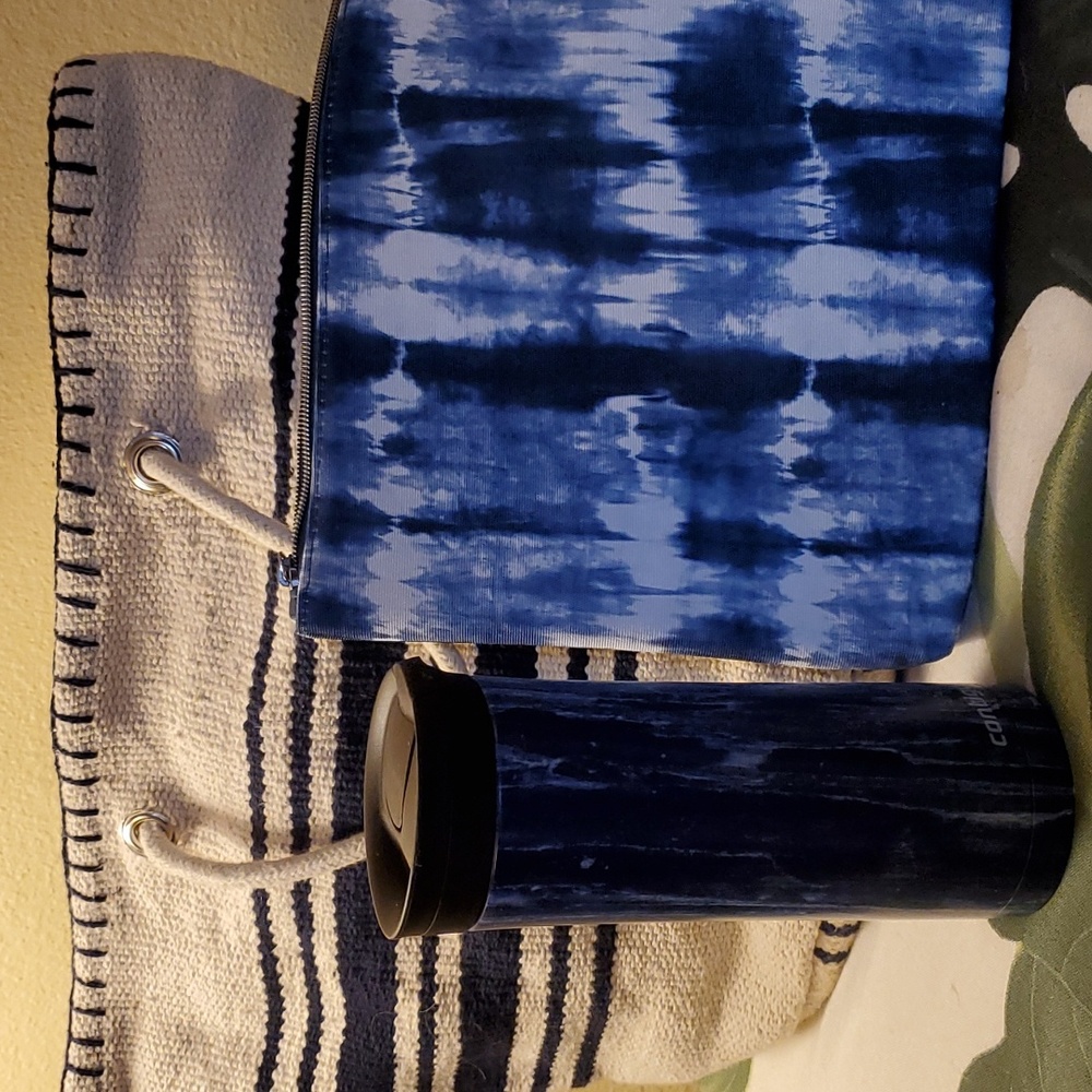 Beach bag, zippered bag, and tumbler